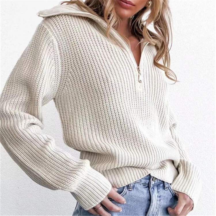 Turn Down Neck Half Zipper White Knit Sweater