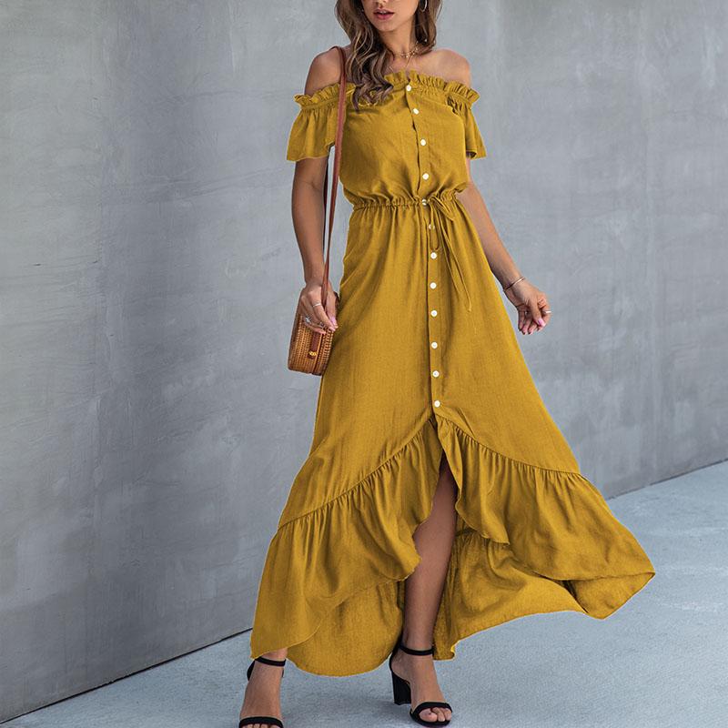 Off Shoulder Low High Soild Long Dress