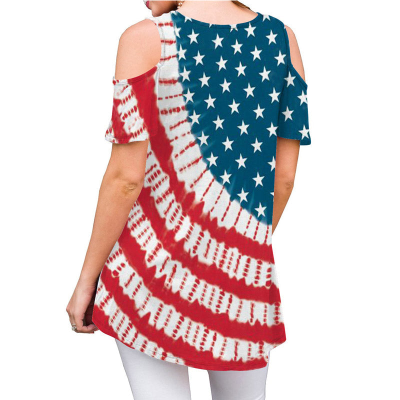 Casual Flag Print Cutout Short Sleeve Loose T-shirts