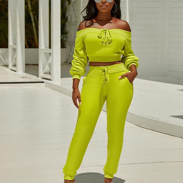 Off Shoulder Crop Top Straps Skinny Pants Set