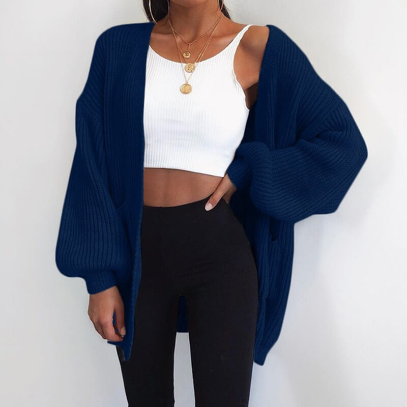 Loose Ribbed Balloon Sleeve Sweater Cardigan