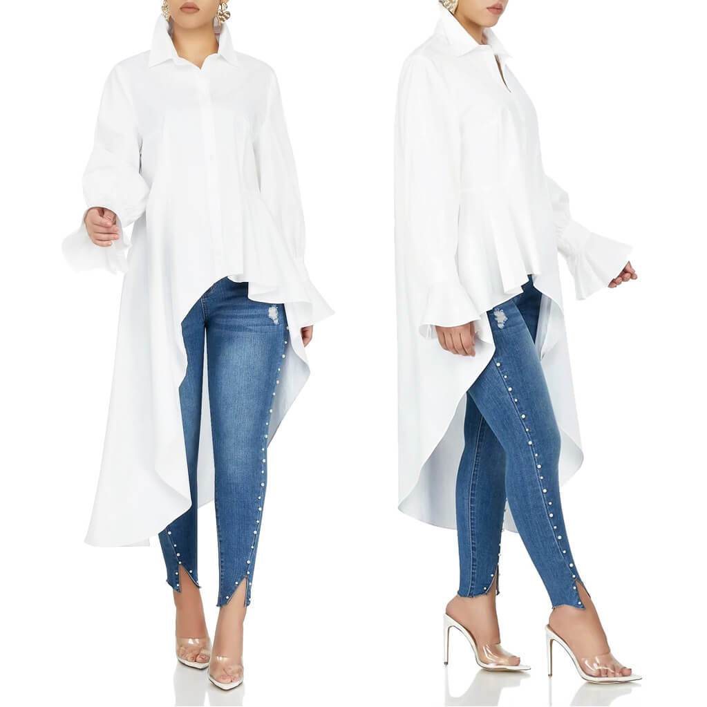 Irregular V-neck Button Long T-shirt