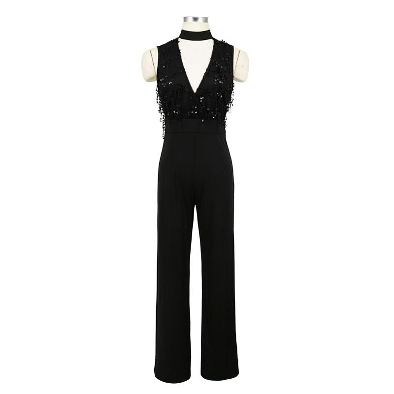 Sequin Patchwork Deep V Neck Jumpsuit