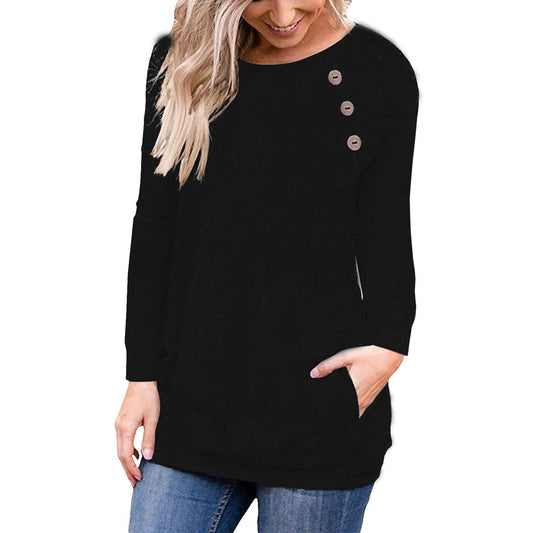 Button Scoop Long Sleeves Pockets T-shirt