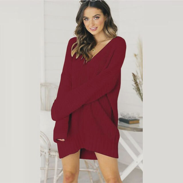 Oversized V Neck Crochet Long Sweater Dress