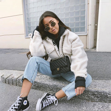 White Cropped Sherpa Jacket