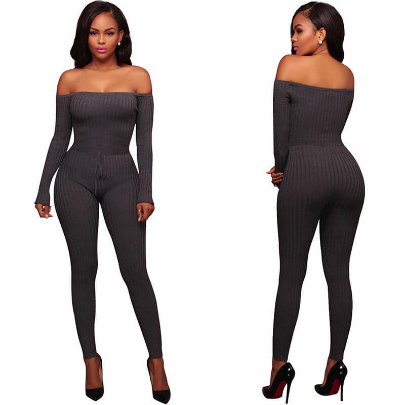 Knit Off Shoulder Bodycon Skinny Jumpsuit