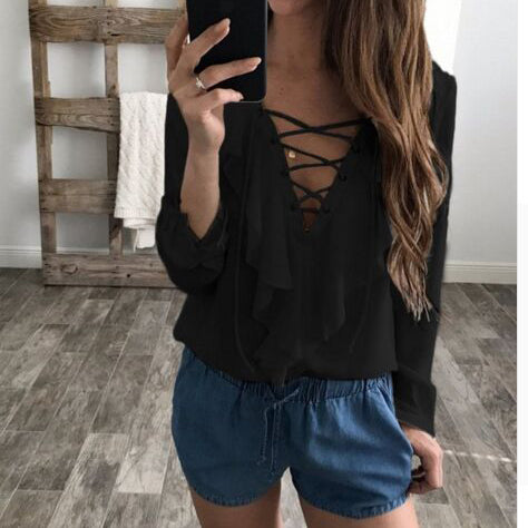 Straps V-neck Ruffles Long Sleeves Regular Blouse