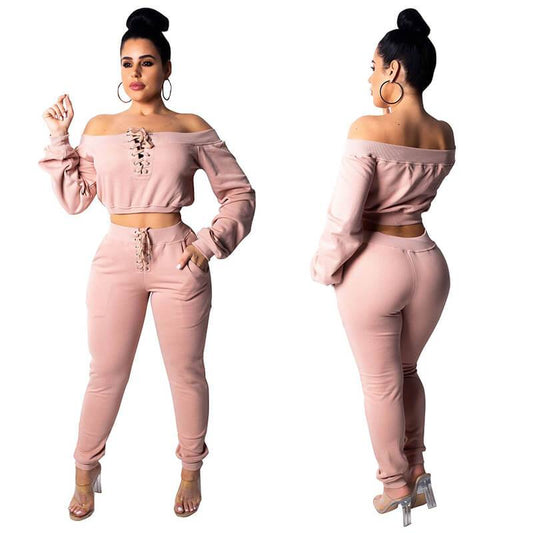 Lace Up Crop Top High Waist Skinny Pants Set