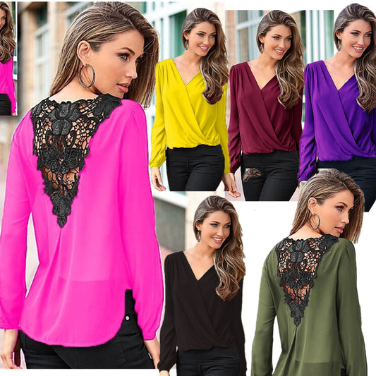 Deep V-neck Chiffon Lace Patchwork Long Sleeve Loose Blouse