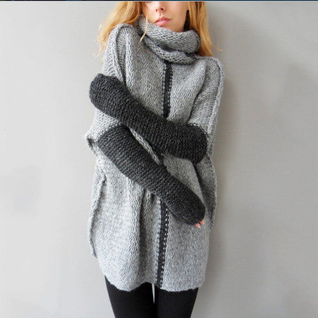 Long Sleeves Patchwork High Neck Long Pullover Sweater