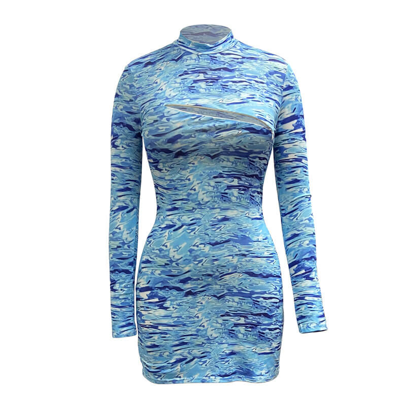 Printed With Finger Long Sleeve Bodycon Dress