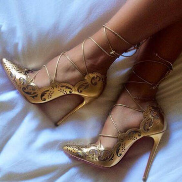 Point Toe  Stiletto Heel Lace Up Cutout Pumps