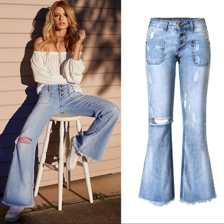 Fashion Low Waist Hole Long Wide Leg Denim Pants