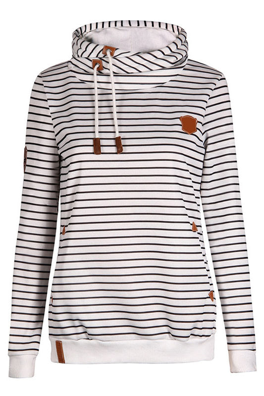 Stripes High Neck Drawstring Pocket Slim Hoodie