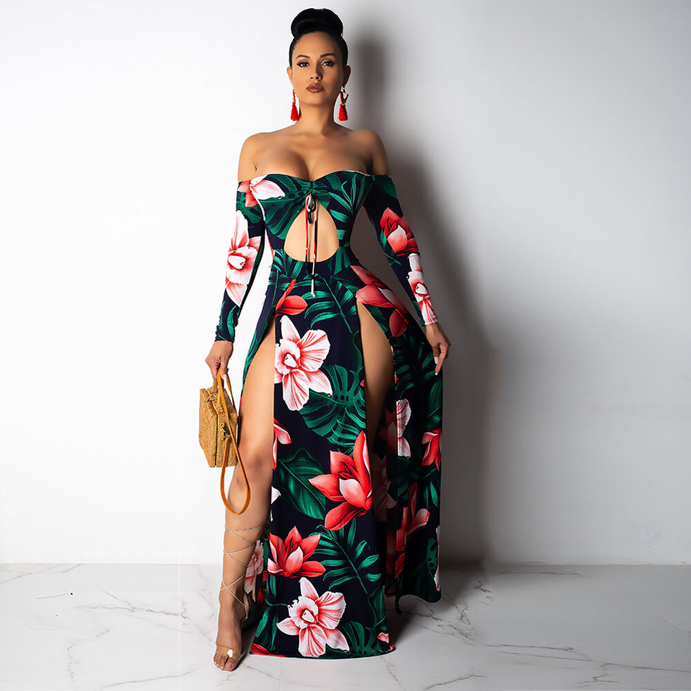 Strapless Crop Top Flower Print MAXI Skirt Set
