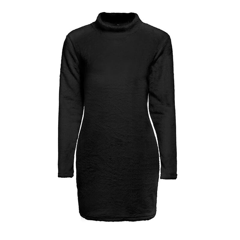 Turtleneck Fuzzy Pure Color Sweater Dress