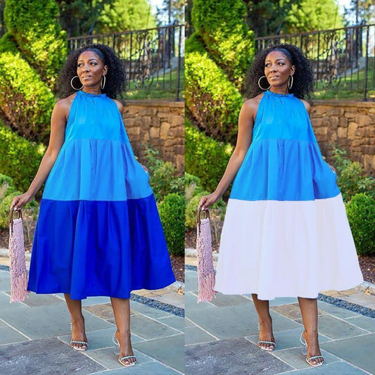 Plus Size Casual Colorblock Sleeveless Midi Dress