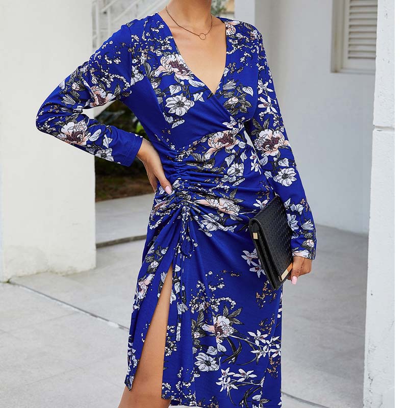 Floral V Neck Frills Slit Wrap Dress