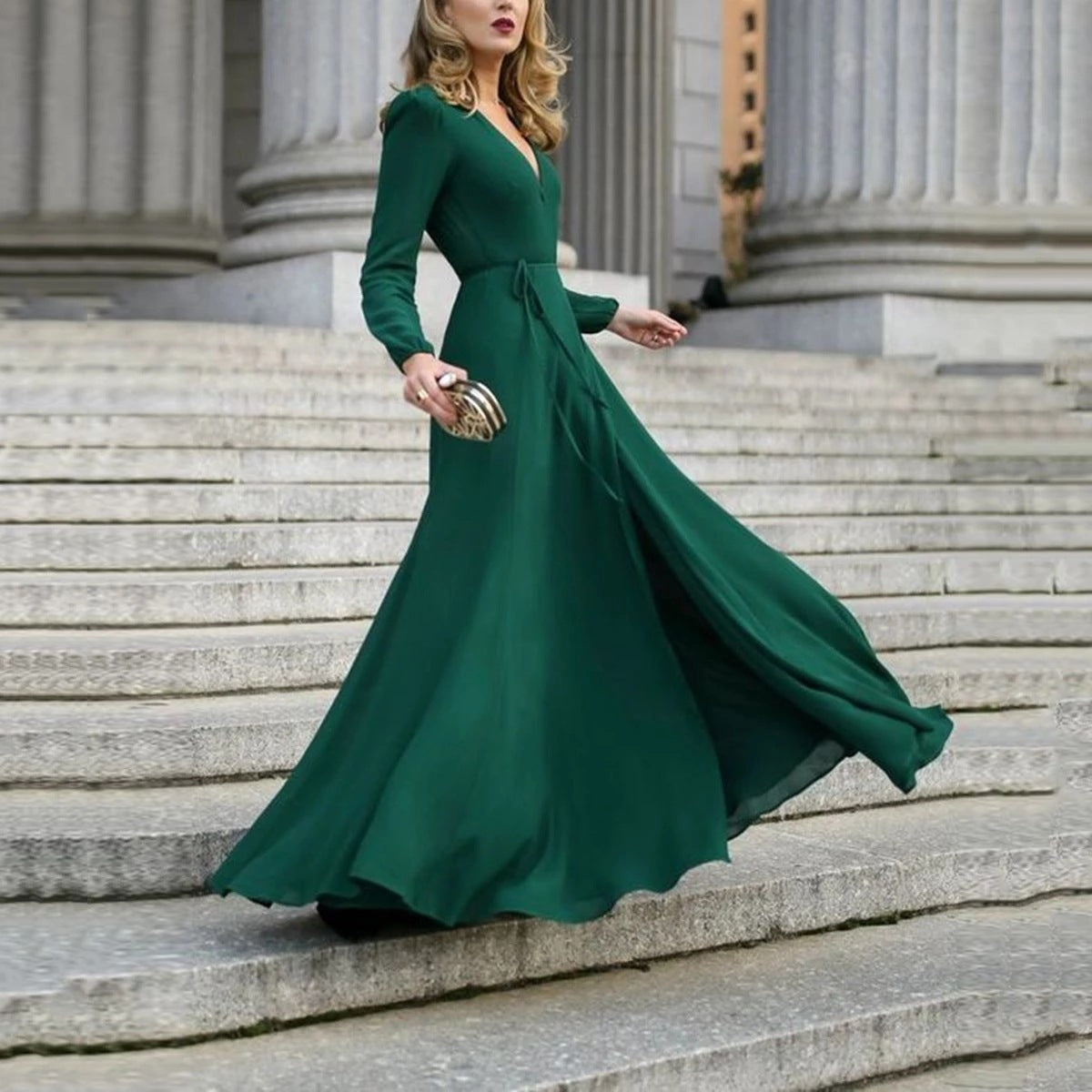 Long Sleeve V Neck High Waist Maxi Dress