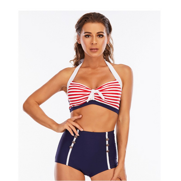 Bikini High-Waisted Bottom Set with Retro Striped Design Swimsuit