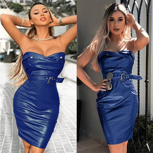 PU Strapless Belt Bodycon Empire Waist Dress