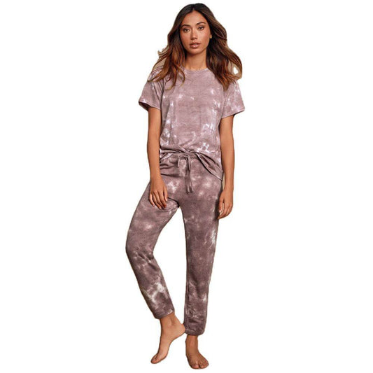 Pajamas Tie Dye Loose High Waist Short Sleeve Strap Two Pieces Set