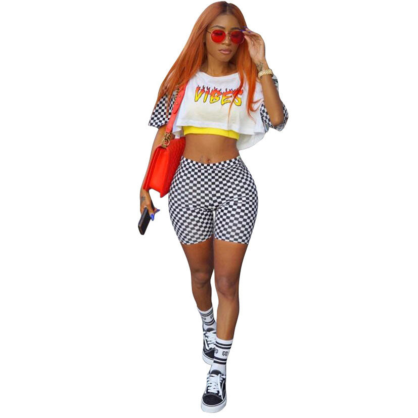 Print Plaid Loose T-shirt with Shorts Two Pieces Set