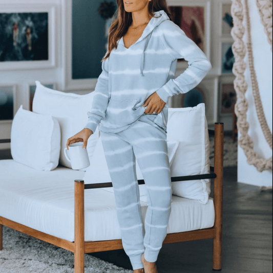 Pajamas Blue Stripes Long Sleeve Bandage Hooded Two Pieces Set