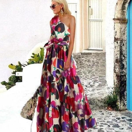 Slash Neck Printed Empire Waist Long Dress