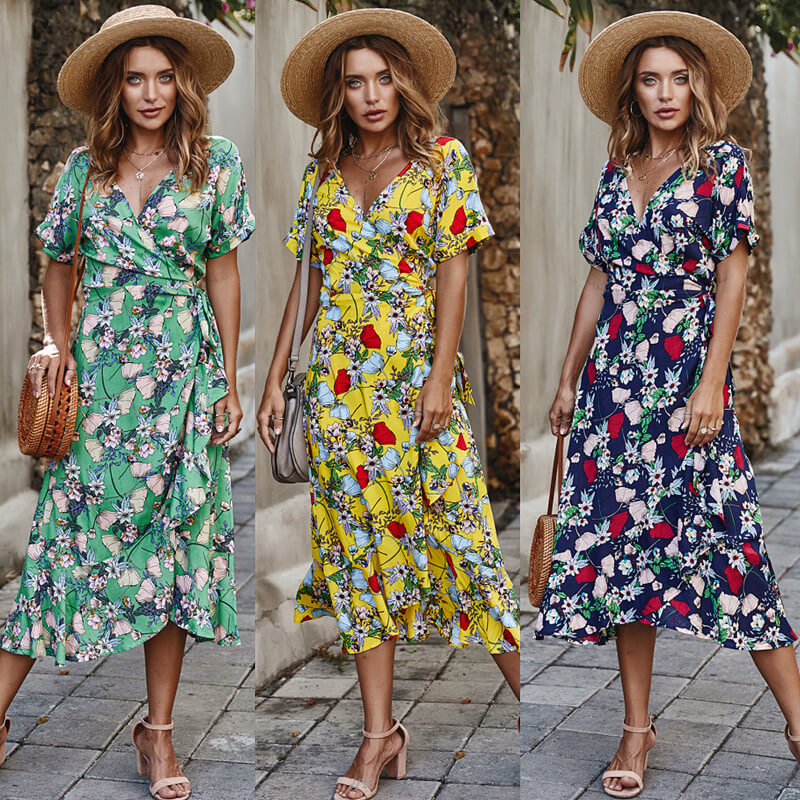 V Neck Floral Beach Midi Wrap Dress