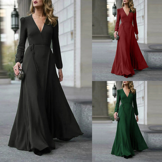 Long Sleeve V Neck High Waist Maxi Dress