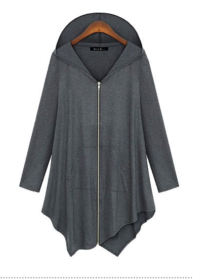 Zipper Asymmetric Large Cardigan Hooded Solid Color Hoodie