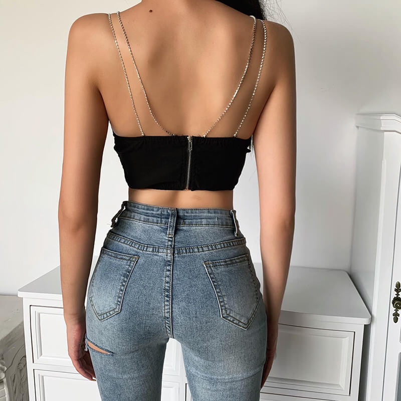 Sexy Black Spaghetti Strap Cropped Tank Top 