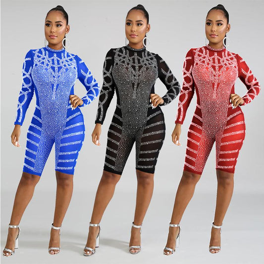 Rhinestones Bodycon Mesh Rompers