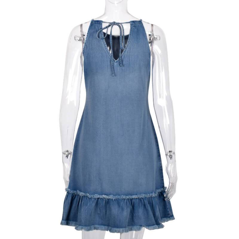 Ruffle Hem Sleeveless Denim Dress