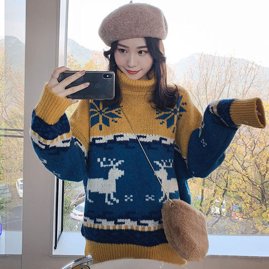 Turtleneck Colorblock Pattern Knitting Christmas Sweater