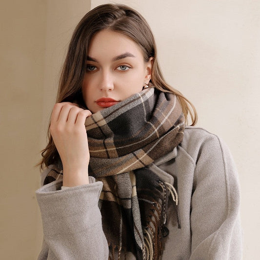 Thickened Warm Imitated Cashmere Plaid Tassled Shawl Scarf