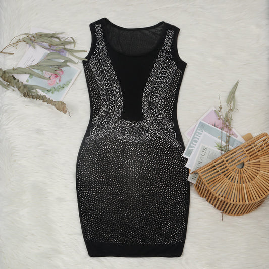 See Through Rhinestone Decorate Bodycon Short Dress