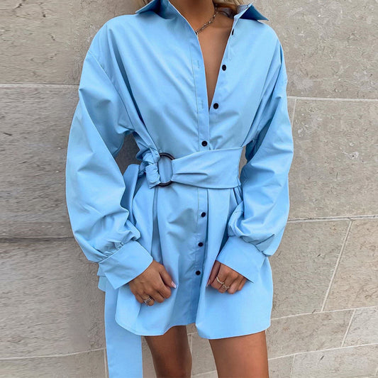 Plain Button Long Sleeve Belt Shirt Dress