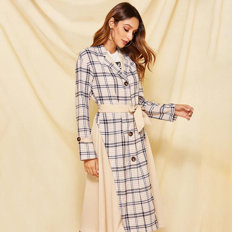 Slim Plaid Patchwork Trench Coat