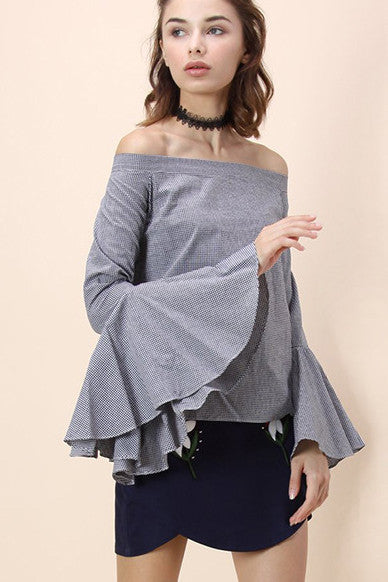 Off Shoulder Pure Color Long Trumpet Sleeve Loose Blouse