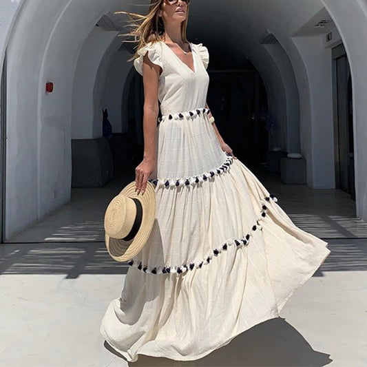 White V Neck Sleeveless High Waist Maxi Dress