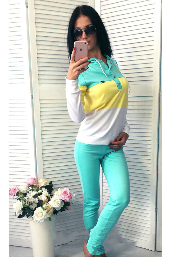 Pure Color Splicing Blouse with Skinny Pants Two Pieces Set