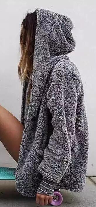 Fashion Hooded Pockets Gray Fur Cardigan