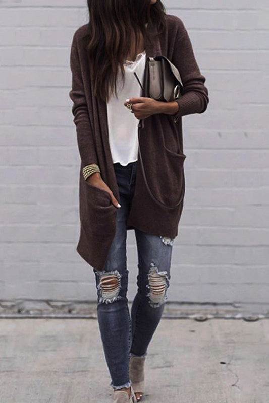 Long Loose Full Sleeve Big Pockets Open Long Coat