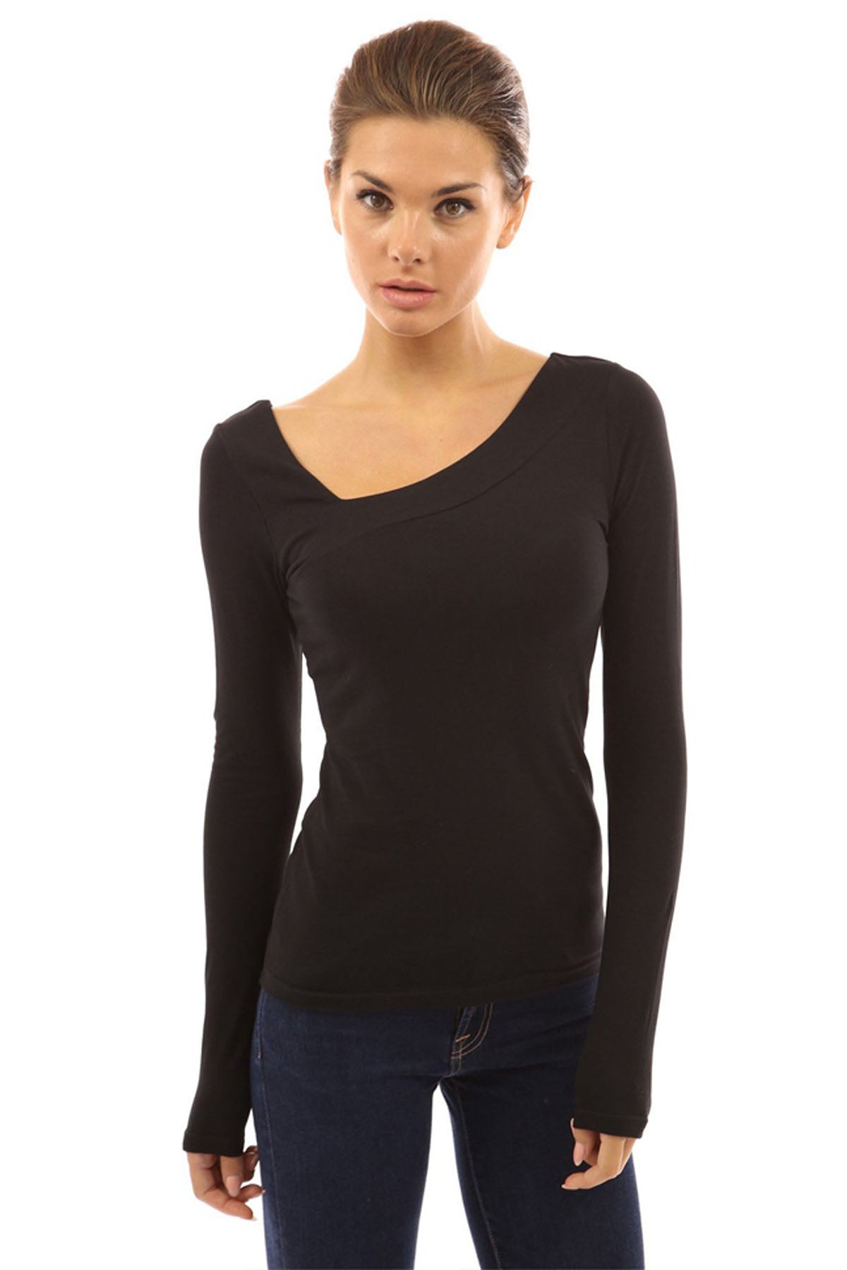 Pure Color Tilted V-neck Long Sleeves Slim T-shirt