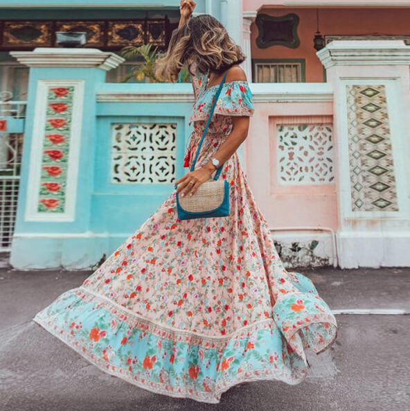 Bohemian Floral Off Shoulder Capelet Dress