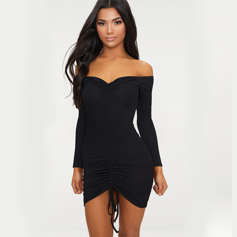 Off Shoulder Long Sleeve Bodycon Plain Dress