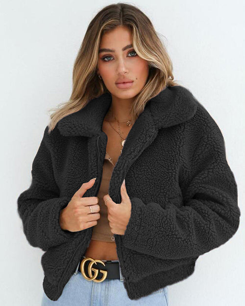 Lapel Zipper Solid Color Women Cropped Faux Fur Teddy Coat